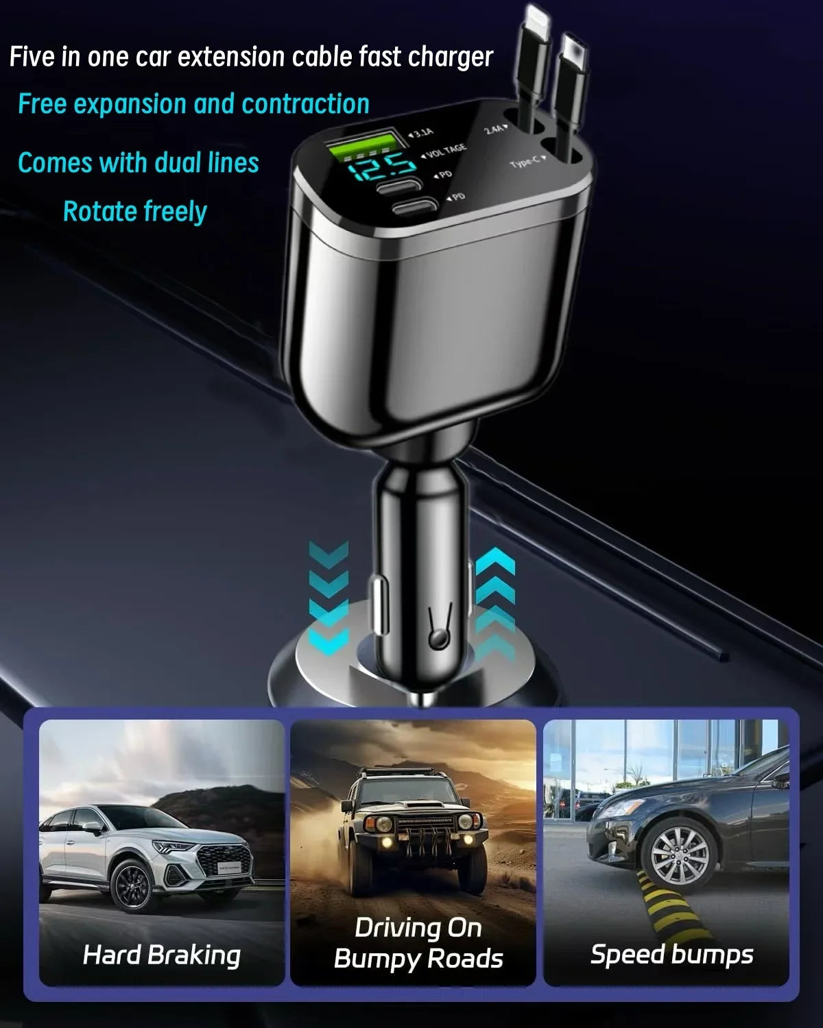 Digital Display 5-in-1 Car Phone Charger & Lighter